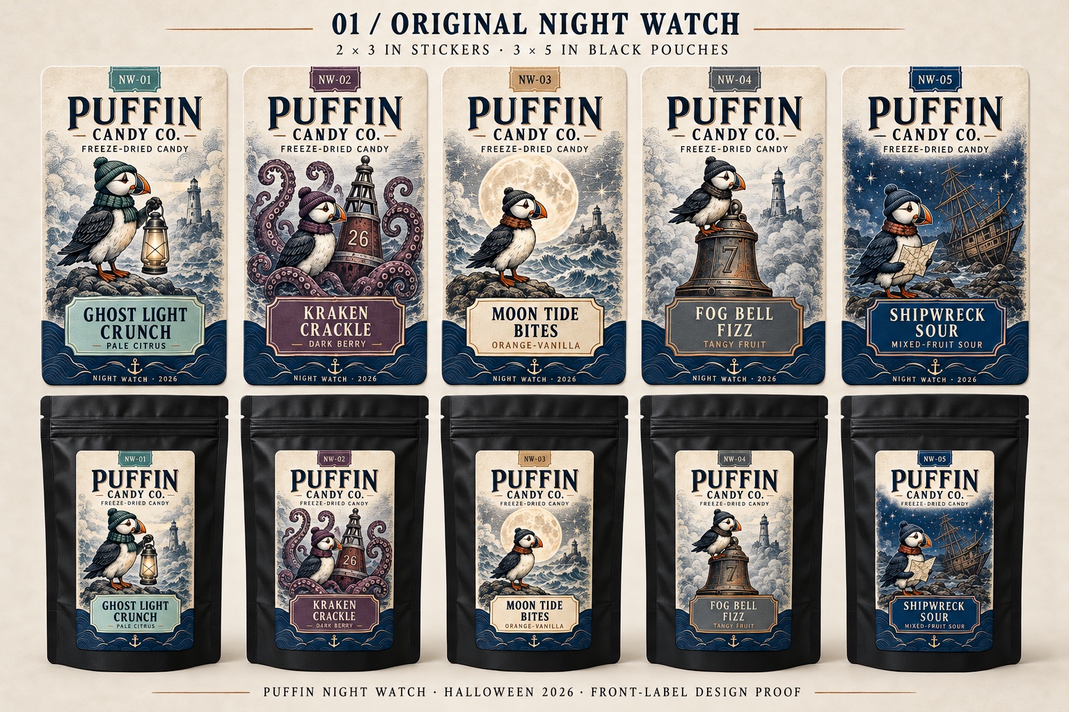 Original Night Watch collection: Ghost Light Crunch, Kraken Crackle, Moon Tide Bites, Fog Bell Fizz and Shipwreck Sour on black pouches